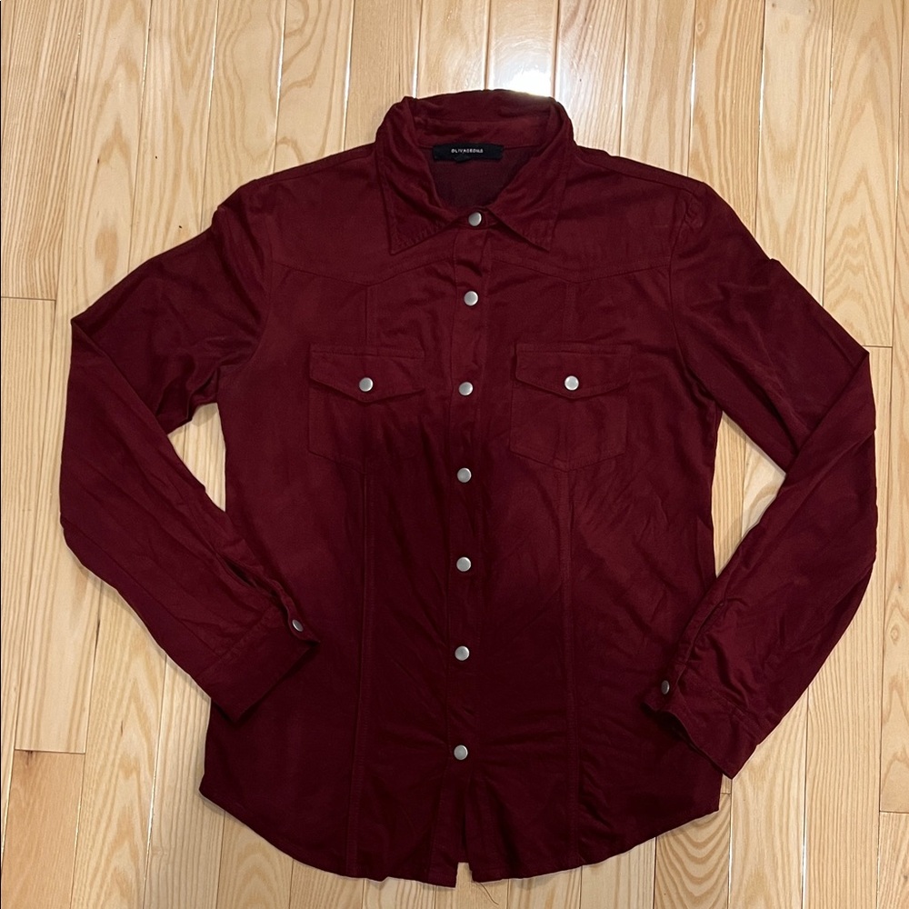 Burgundy Button-Up Shirt suede like material